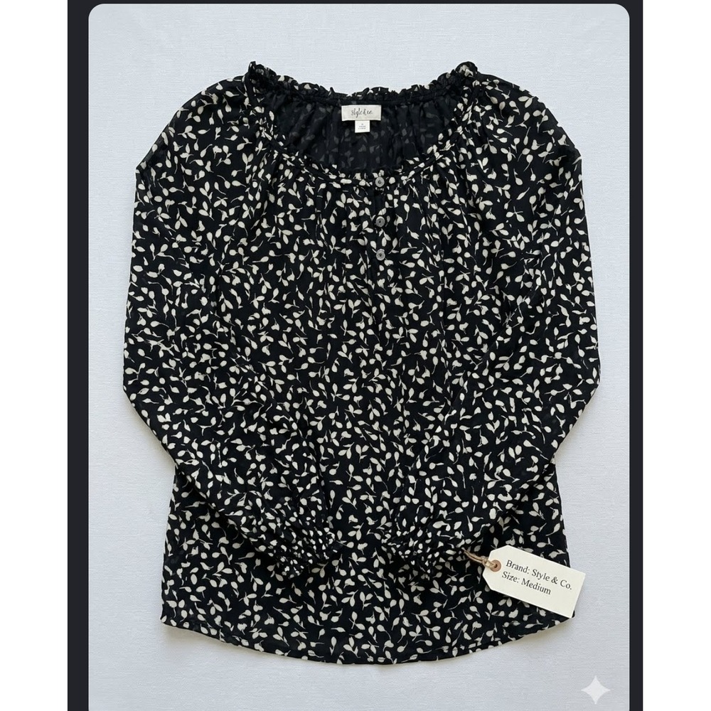 Boho Chic Womens Black White Floral Leaf Print Ruffle Neck Blouse Medium